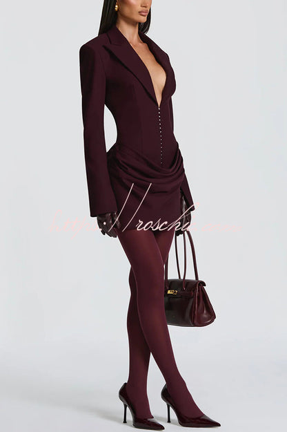 Solid Color Slim-fit V-neck Elegant Draped Formal Mini Dress