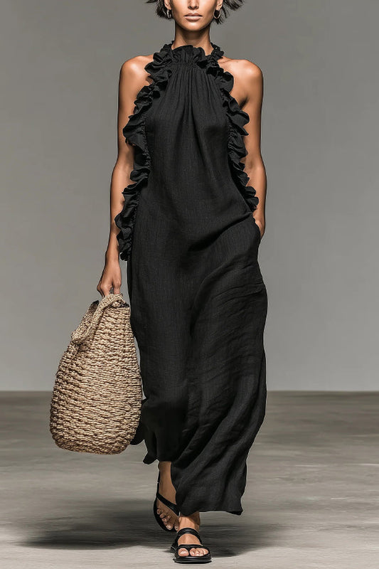 Linen Blend Halter Neck Ruffle Sleeveless Casual Loose Maxi Dress