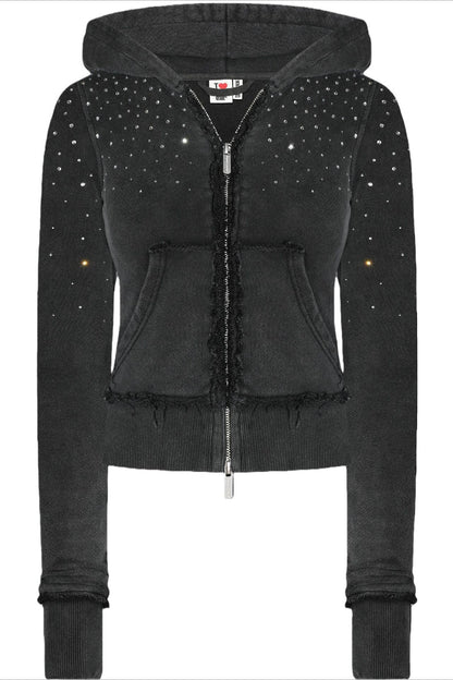 Rhinestone Crystal Zip Crop Hoodie