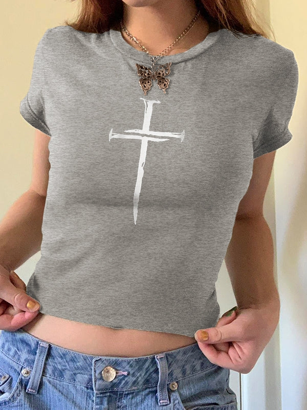 Cross Print Slim Short Sleeve Tee