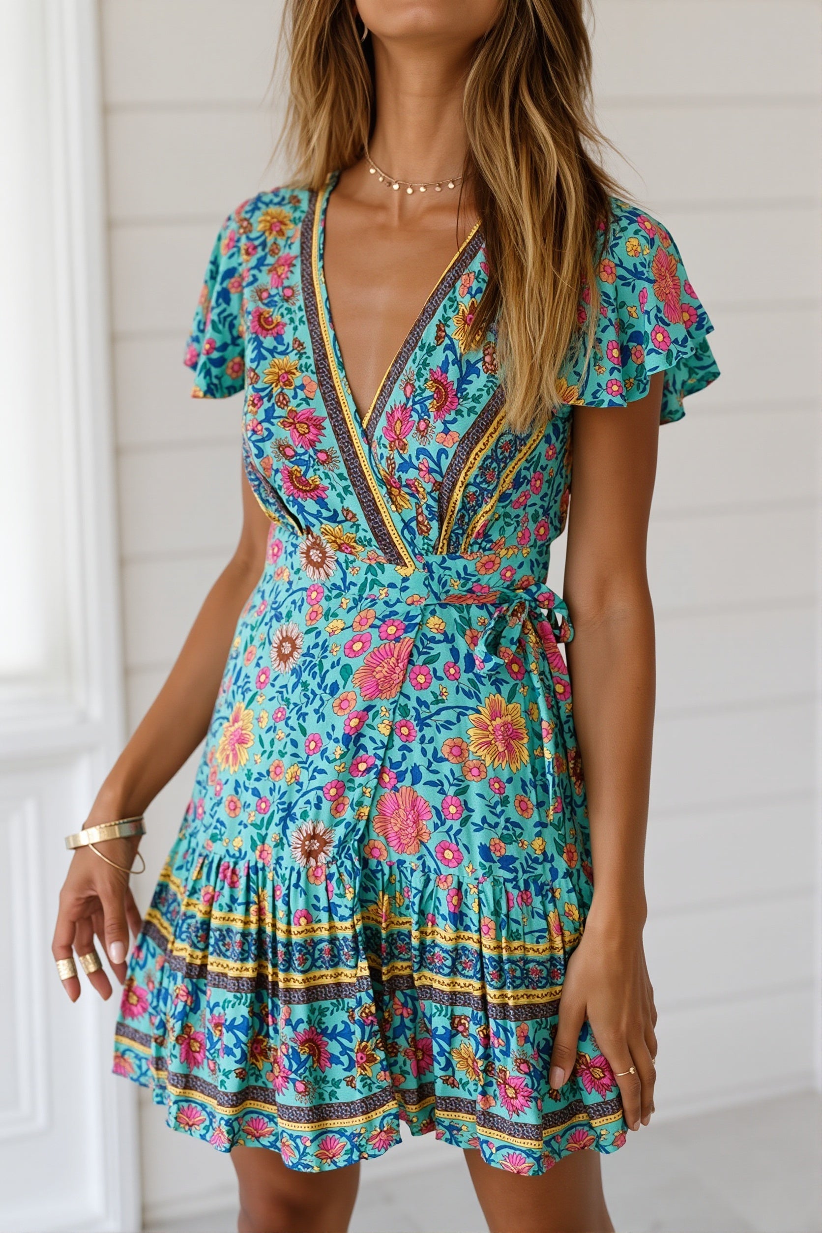 Mini V Neck Floral Print Boho Dress