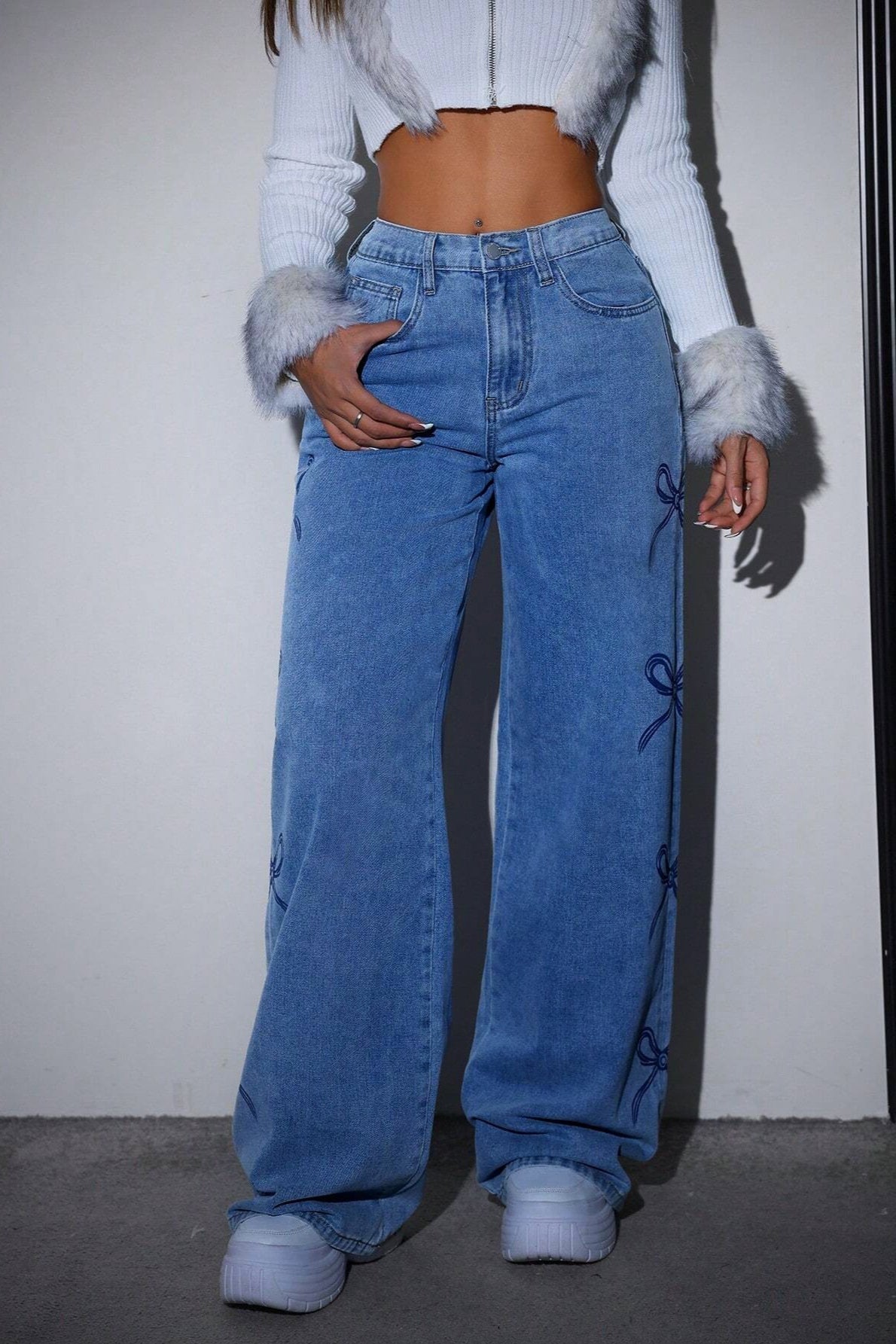 Y2K High Waist Bow Print Jeans