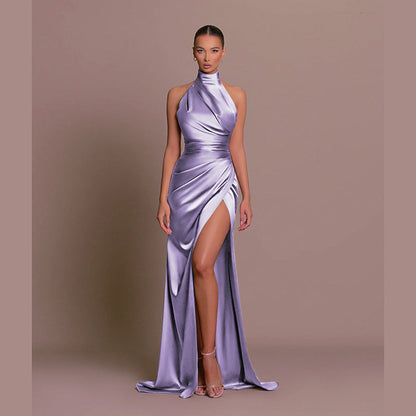 Halter Stand Collar Sleeveless Slit Formal Dress Parties Maxi Dresses