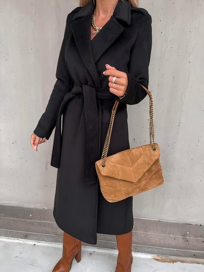Solid Color Lapel Long Sleeve Woolen Simple Tie Coats