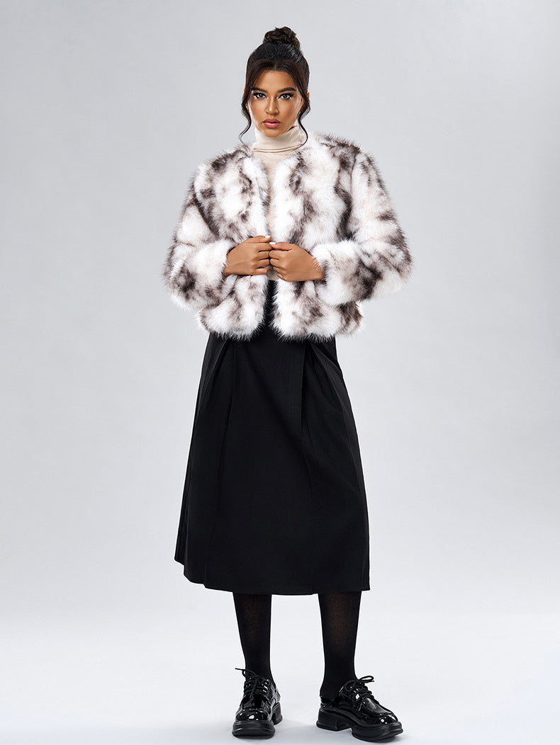 Faux Fur Coats Long Sleeves Casual Faux Fur Jacket Jewel Neck White Women Coat