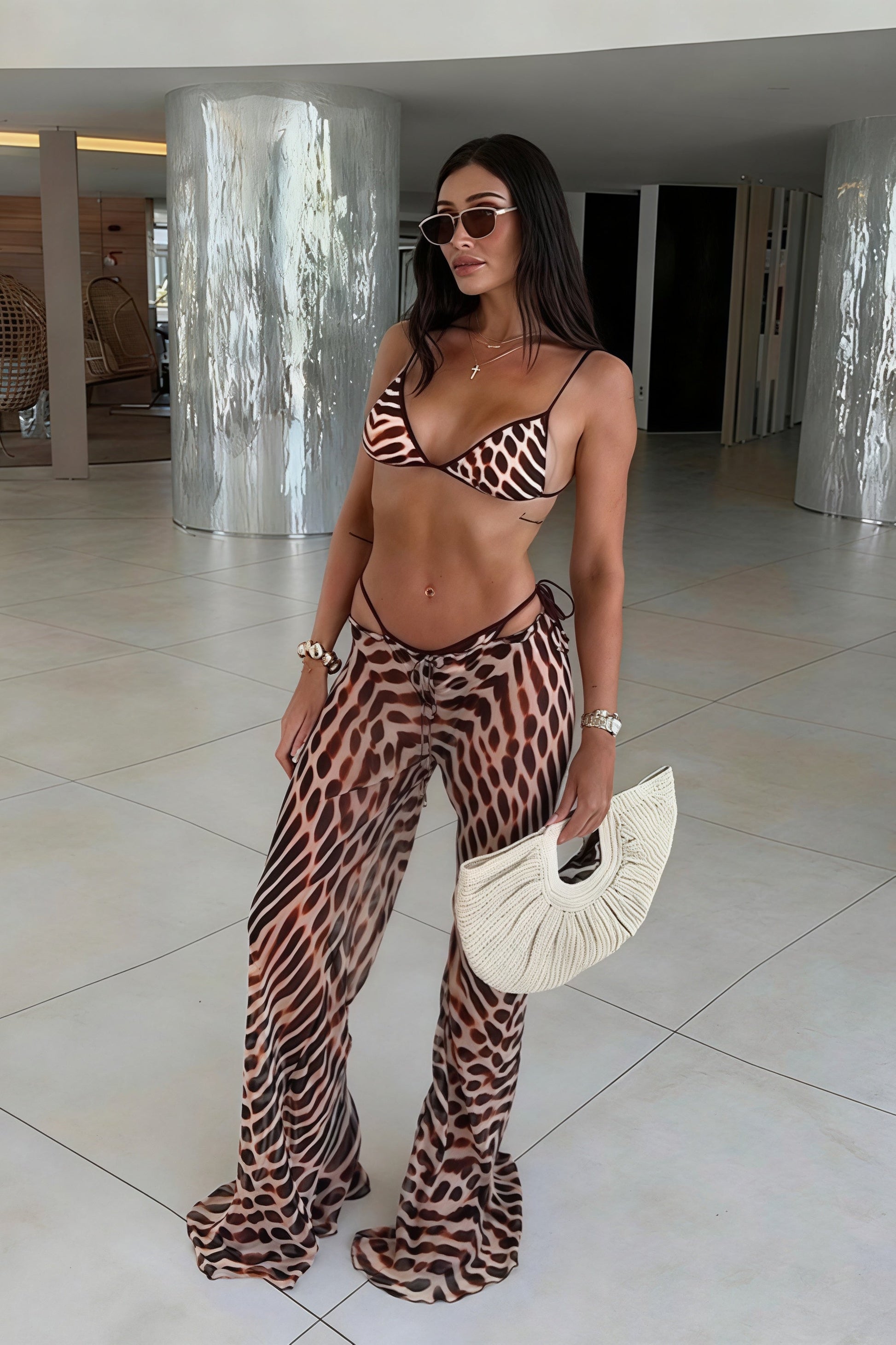 Leopard Mesh Pants Three Piece Swim Set