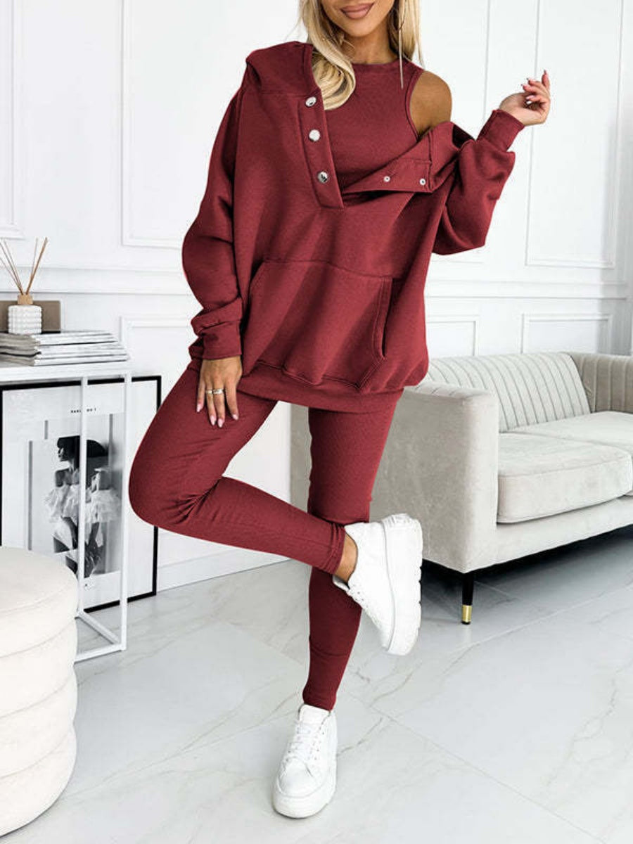 Sporty Casual Hoodie Sweatshirt, Ribbed Slim Fit Vest And Pants Three-piece Set