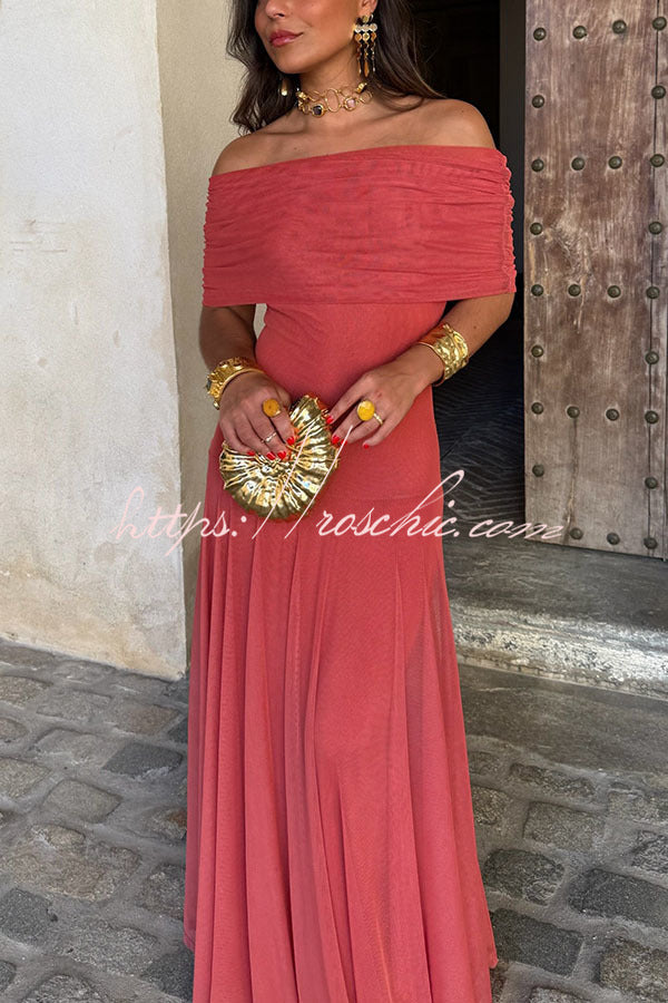 In My Arms Mesh Ruched Strapless Paneled Drape Flare Maxi Dress