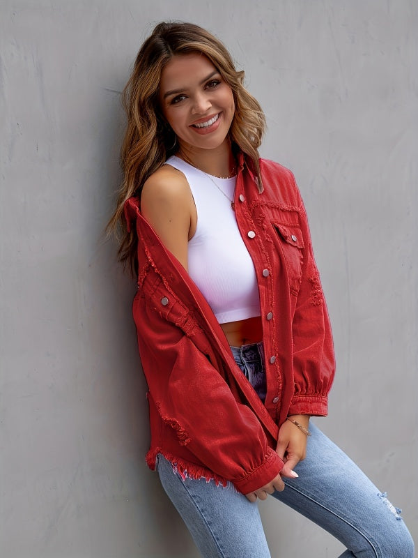 Multicolor Raw Hem Denim Jacket