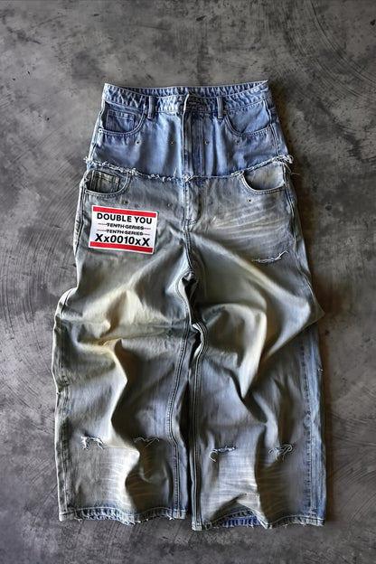 Vintage Raw Hem Double Waist Rivet Ripped Jeans