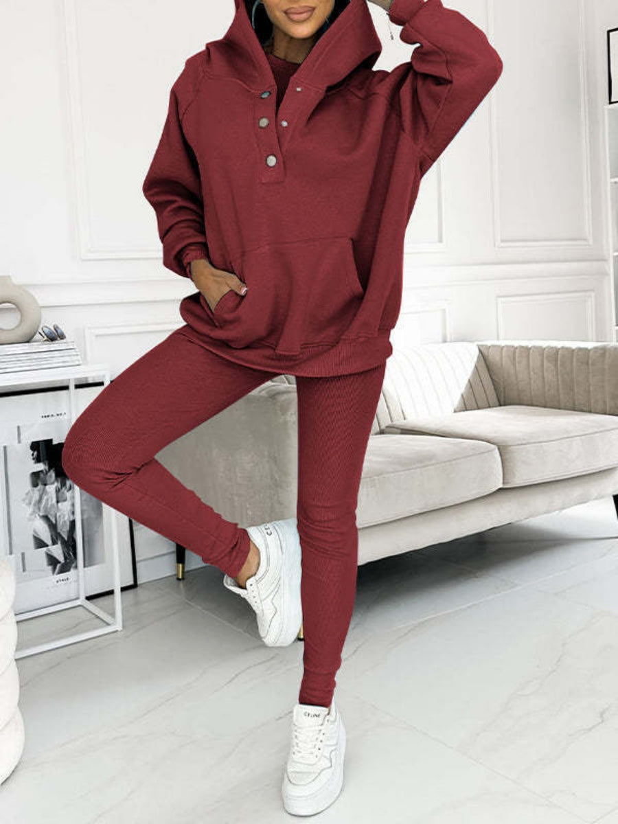 Sporty Casual Hoodie Sweatshirt, Ribbed Slim Fit Vest And Pants Three-piece Set