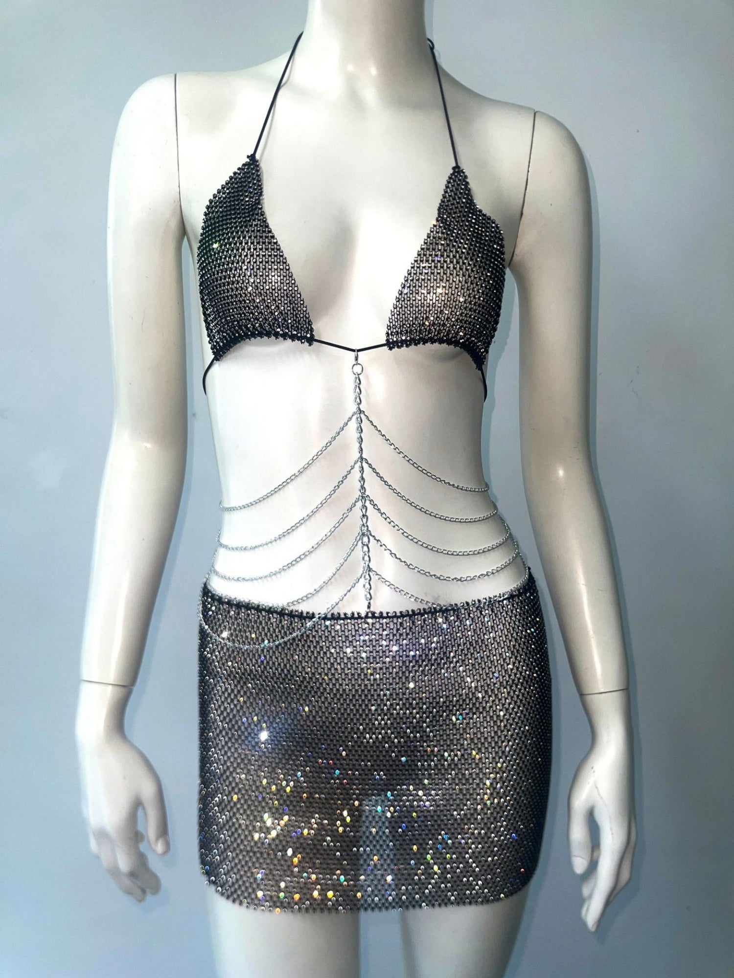 Sequins Chain Strap Halter Neck And Backless Mini&Short Dresses