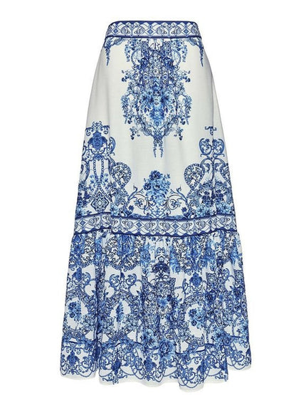 Blue And White Porcelain Print Bow Tie One-piece Swimsuit Sun Protection Long Dress Two-piece Set