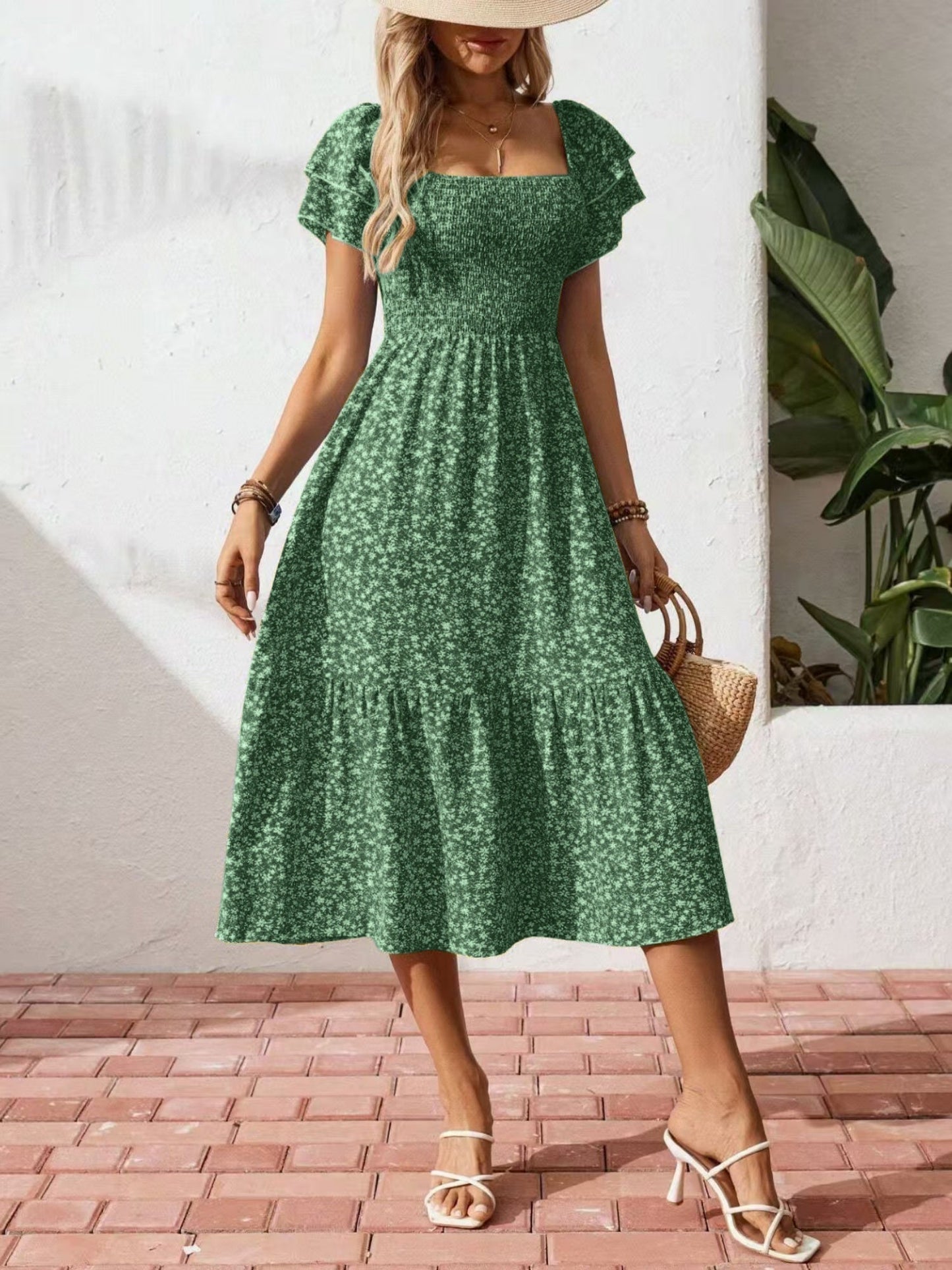 Floral Print Square Neckline And Puff Sleeves Maxi Dresses