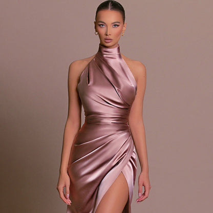 Halter Stand Collar Sleeveless Slit Formal Dress Parties Maxi Dresses
