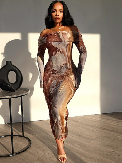 Milk Silk Tie-dye Printed Off Shoulder Slim Fit Hip Maxi Dresses