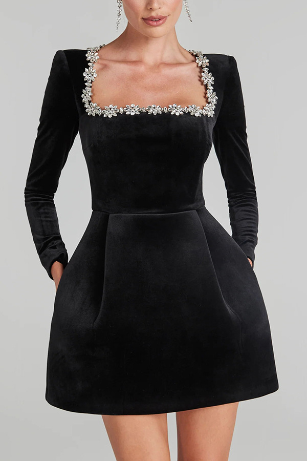 Square Collar Long Sleeve Diamond Velvet Mini&Short Dresses
