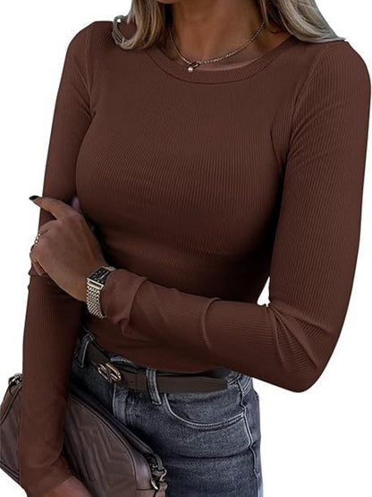 Pit Strip Long Sleeve Elastic Crew Neck Ribbed Slim Fit Basic T-shirts