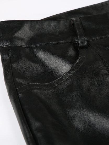 Leather Lace Patchwork Eyelet Buckle Low-rise Bell-bottoms Pants