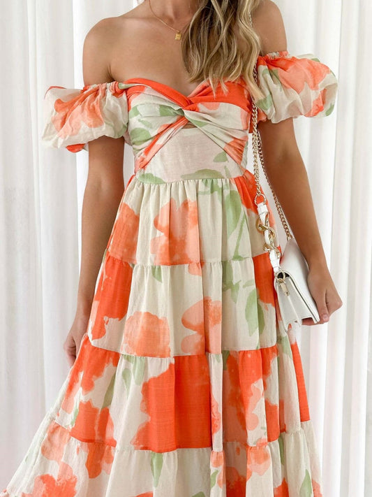 Printed Puff Sleeve Sweetheart Collar Vacation Maxi Dresses