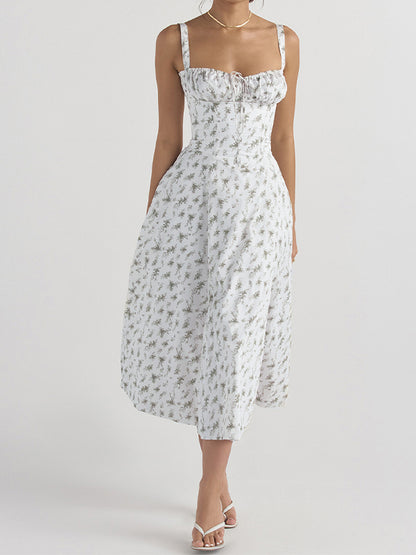 Leaf Print Tie Front Thigh Splice Midi Dress