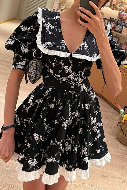 Floral Peter Pan Puff Sleeve Mini Dress