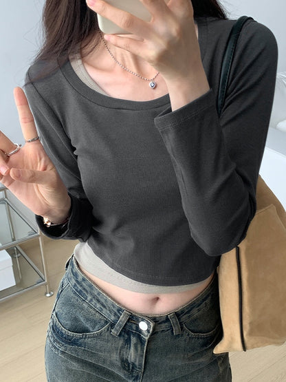 Contrast Color Fake Two Piece Long Sleeve Knit
