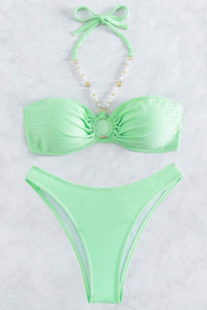 Solid Color Beaded Halter Neck Two-piece Elastic Bikini Swimsuit