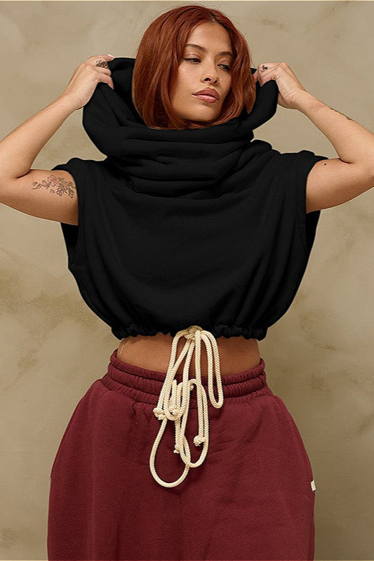 Solid Casual Wide Collar Cropped Hoodie