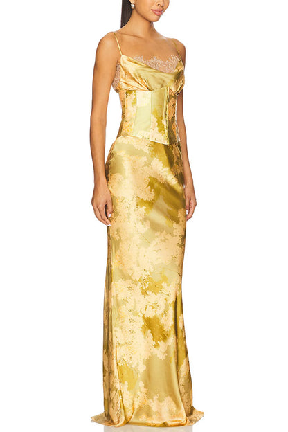 Cleodora Satin Floral Lace Cowl Neck Detachable Corset Slip Drape Maxi Dress