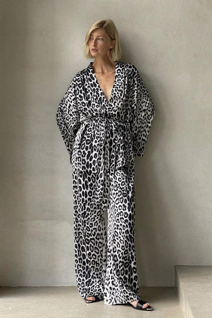 Chic Printed Long-Sleeve Shirt Belted Wide-Leg Pants Two Piece Set