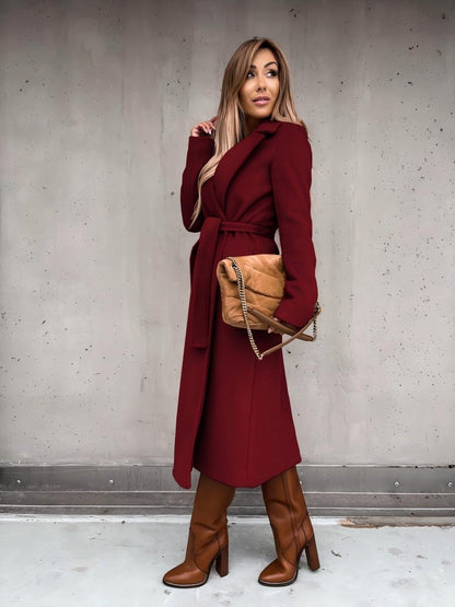 Solid Color Lapel Long Sleeve Woolen Simple Tie Coats