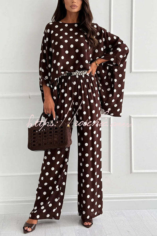 Verne Linen Blend Polka Dot Batwing Sleeve Top and Elastic Waist Pocket Loose Pants Set