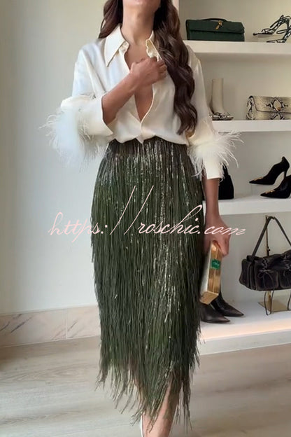 Party Crasher Layered Sequined Tassels High Rise Back Zipper Midi Skirt (Shipped Within 24 Hours)