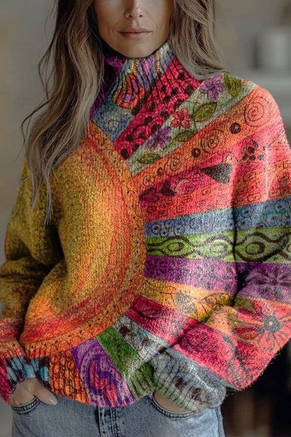 Floral Pattern High-Neck Long-Sleeved Loose Sweatshirt