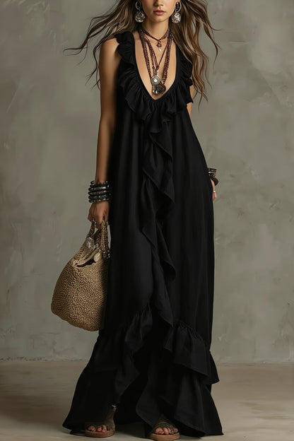 Ruffle Sleeveless Casual Long Boho Dress