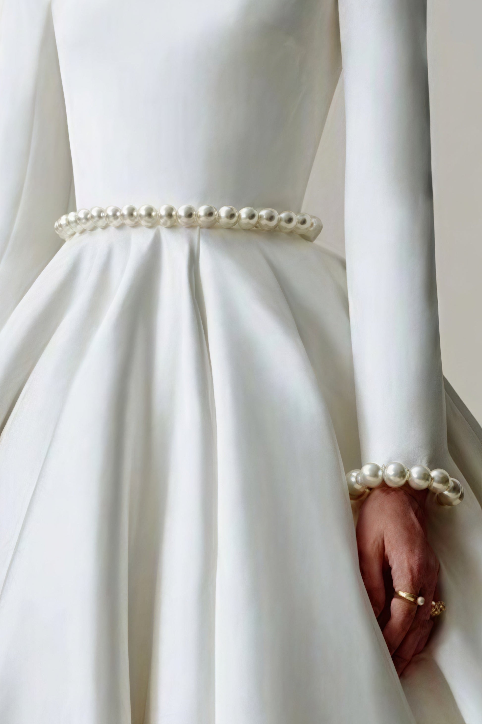 Vintage Satin Pearl Long Sleeve Off Shoulder Wedding Dress