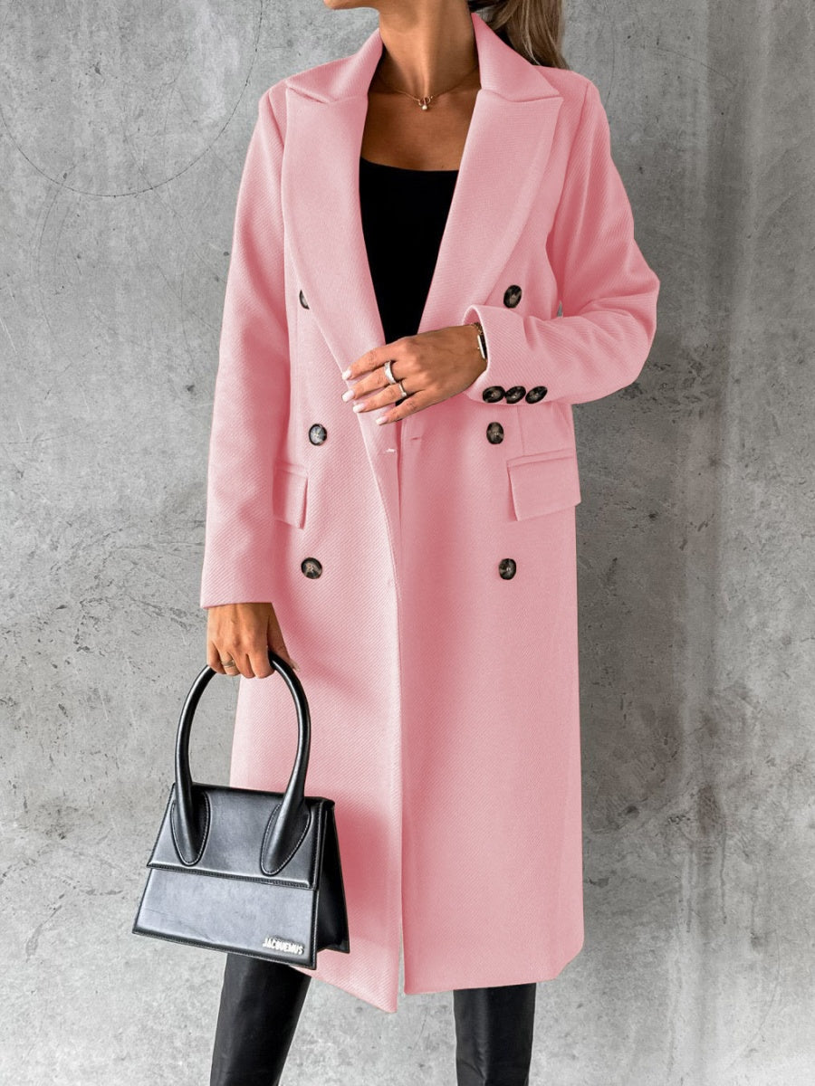 Long Sleeves, Lapel, Solid Color, Double-breasted, Slim Fit Coats