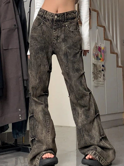 Wasteland Style Washed Pleats Slightly Flared Flare Jeans