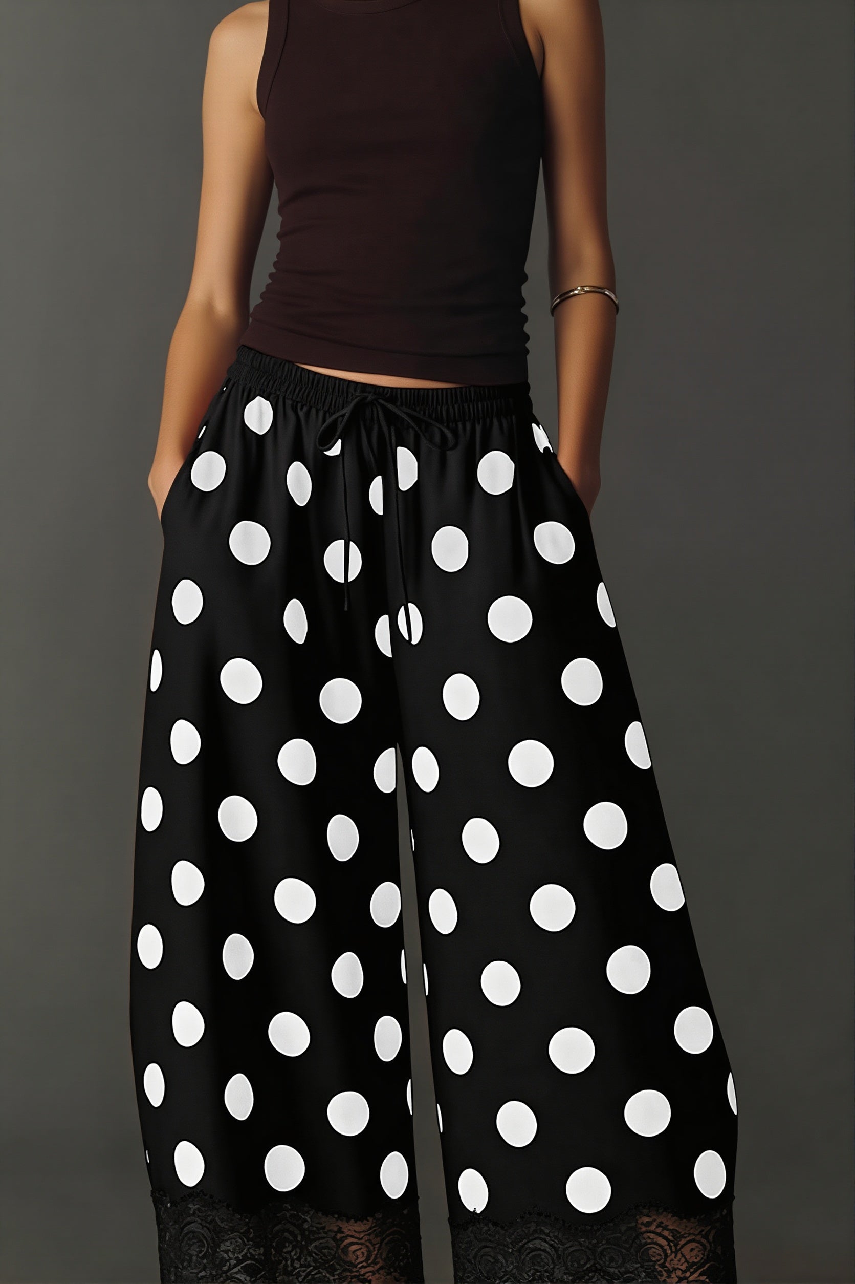 Polka Dot Drawstring Wide Leg Pants