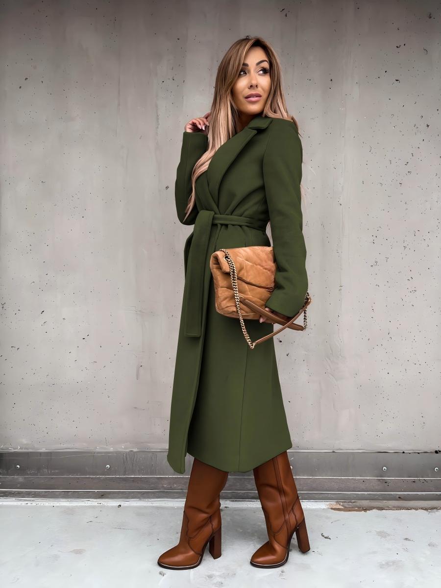 Solid Color Lapel Long Sleeve Woolen Simple Tie Coats