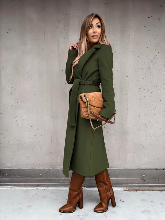 Solid Color Lapel Long Sleeve Woolen Simple Tie Coats