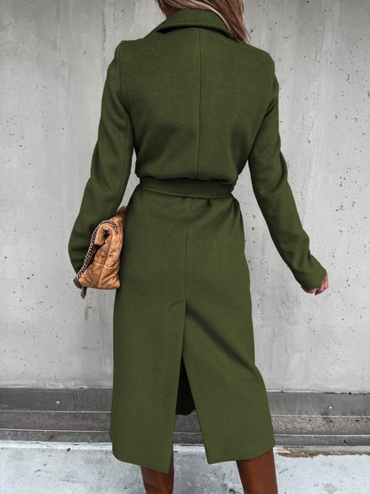 Solid Color Lapel Long Sleeve Woolen Simple Tie Coats