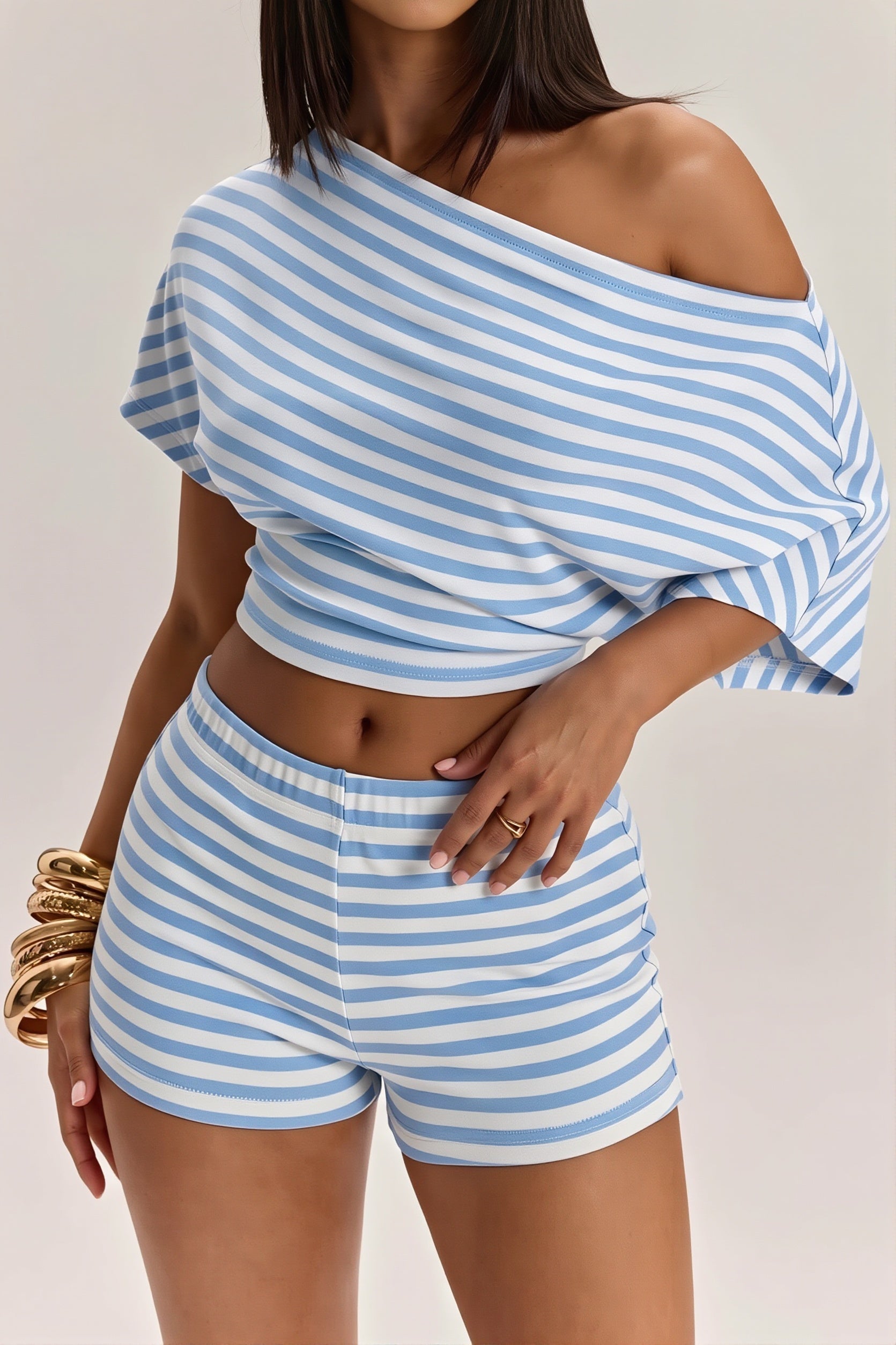 Striped Off Shoulder High Waist Two Piece Set