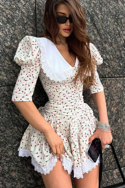 Peter Pan Collar Short Sleeve Floral Mini Dress