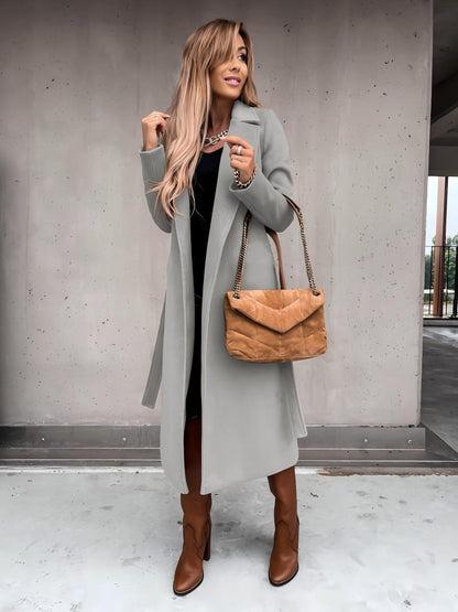 Solid Color Lapel Long Sleeve Woolen Simple Tie Coats