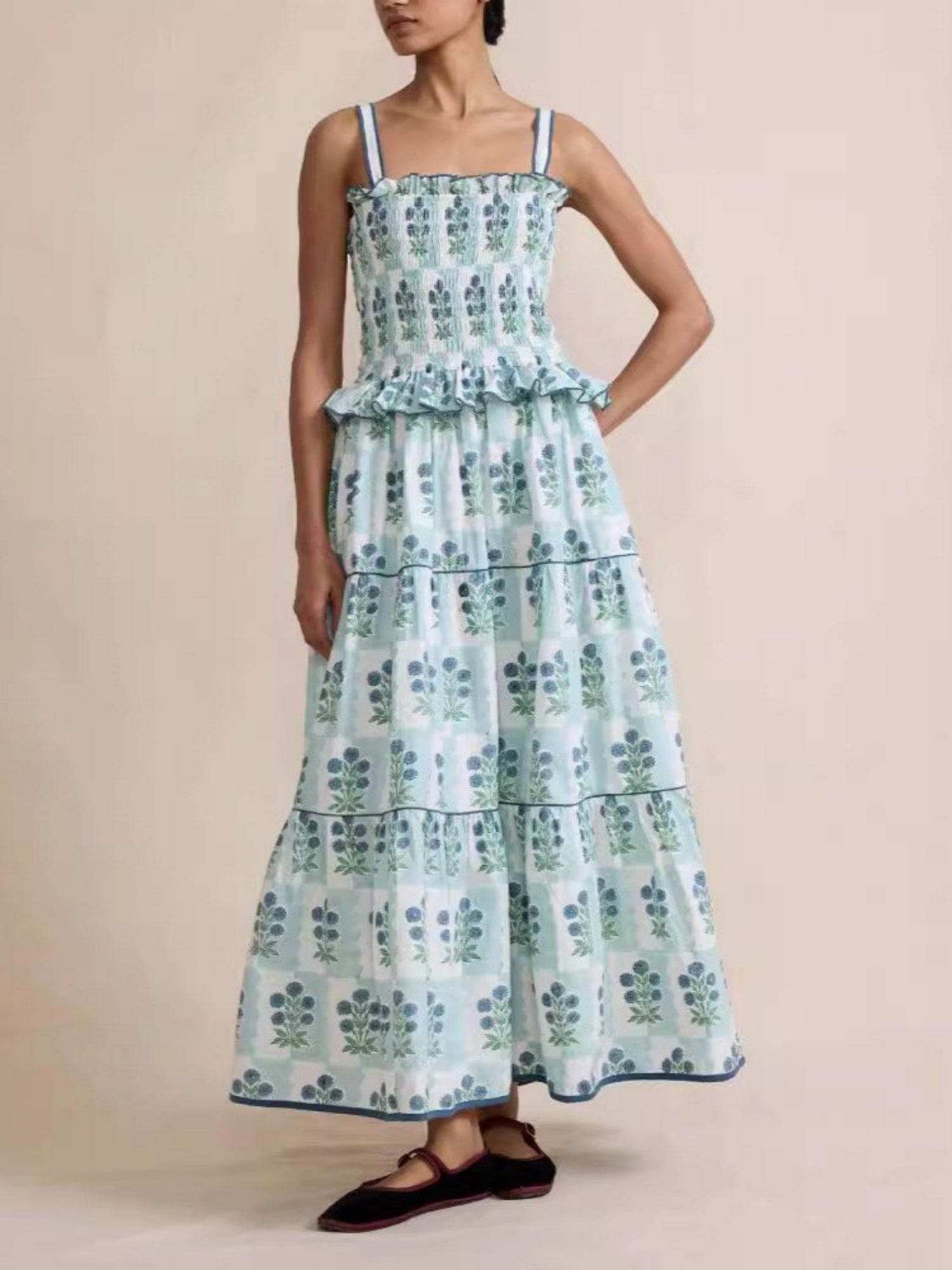Printed Wavy Edge Spaghetti Strap Long Dress
