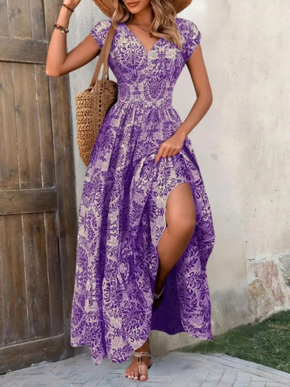 Floral Print V-neck Short Sleeve Large Skirt Maxi Dresses