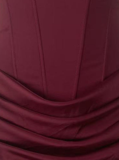 Square Collar High Waist Pleated Parties Cocktail Party Fishbone Decoration Satin Short Dress