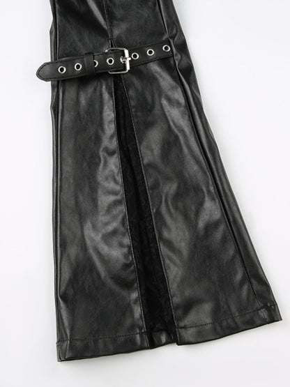 Leather Lace Patchwork Eyelet Buckle Low-rise Bell-bottoms Pants